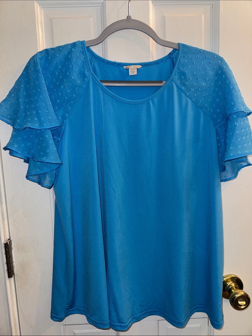 Cato Blue Short Sleeve Ruffled Dot Sleeve Blouse
